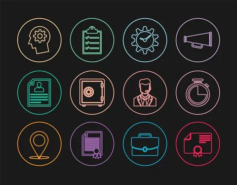 Set line Certificate template, Stopwatch, Time Management, Safe, Resume, Human Stock Illustration