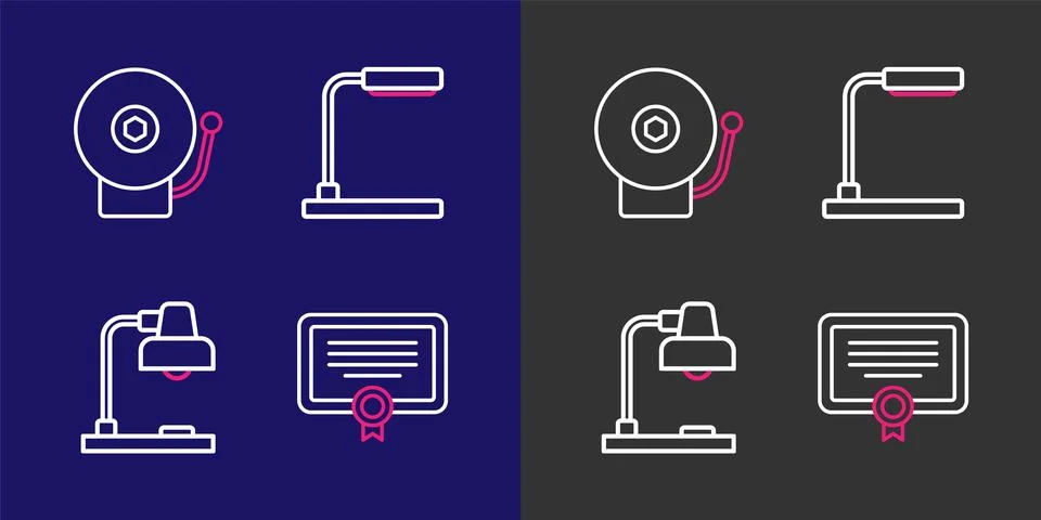 Set line Certificate template, Table lamp,  and Ringing alarm bell icon. Vect Stock Illustration