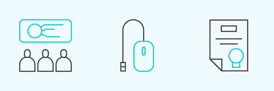 Set line Certificate template, Training, presentation and Computer mouse icon Stock Illustration