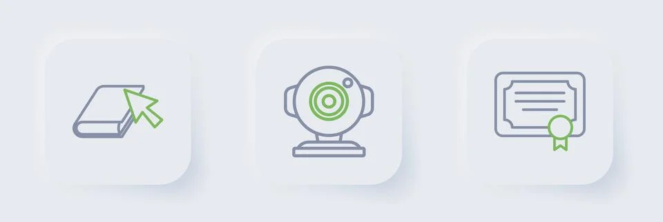 Set line Certificate template, Web camera and Online book icon. Vector Stock Illustration
