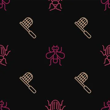 Set line Chafer beetle, Butterfly net and Insect on seamless pattern. Vector Stock Illustration
