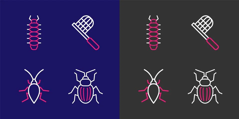 Set line Chafer beetle, Cockroach, Butterfly net and Centipede icon. Vector Illustrazione stock