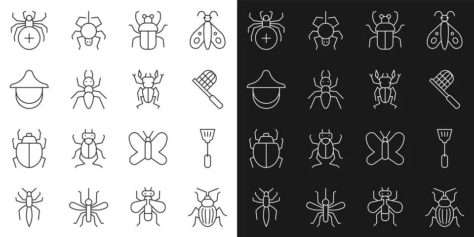 Set line Chafer beetle, Fly swatter, Butterfly net, Stink bug, Ant, Beekeep.. Illustration