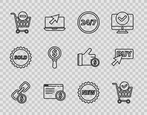 Set line Chain link and coin, Shopping cart with check mark, Clock 24 hours Illustrazione stock