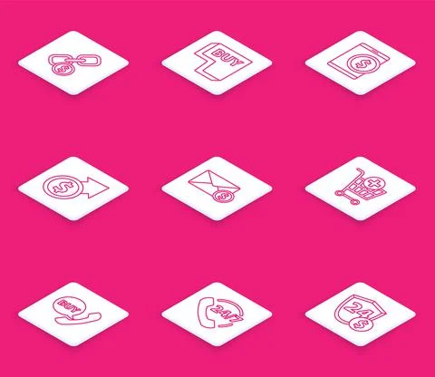 Set line Chain link and coin, Buy button, Tablet with dollar, Financial growth Stock Illustration