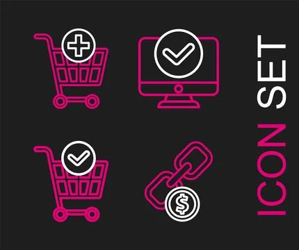 Set line Chain link and coin, Shopping cart with check mark, Computer monit.. Illustrazione stock