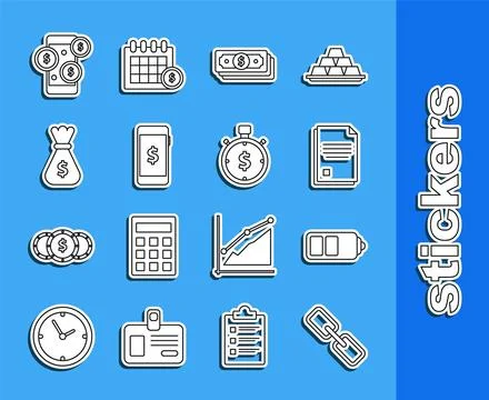 Set line Chain link, Battery charge level indicator, File document, Stacks .. Stock Illustration