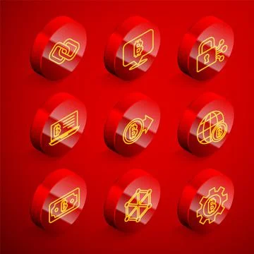 Set line Chain link, Bitcoin, Lock with bitcoin, Mining from laptop, Globe Stock Illustration