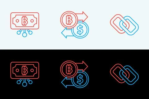 Set line Chain link, Bitcoin with circuit and Cryptocurrency exchange icon... Stock Illustration