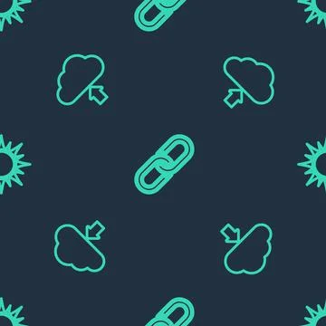 Set line Chain link, Cloud upload and Sun on seamless pattern. Vector Stock Illustration