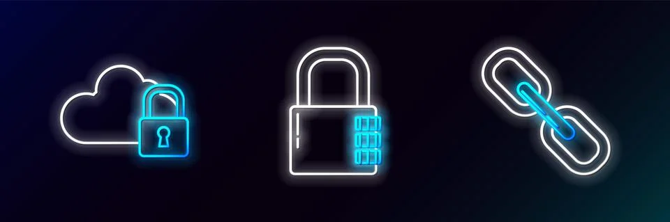 Set line Chain link, Cloud computing lock and Safe combination icon. Glowing Stock Illustration