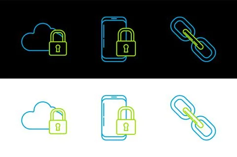 Set line Chain link, Cloud computing lock and Smartphone with closed padlock Ilustração Stock