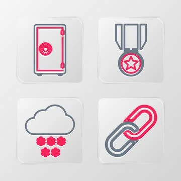 Set line Chain link, Cloud with snow, Medal star and Safe icon. Vector Stock Illustration