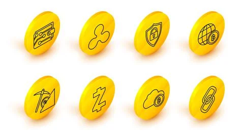 Set line Chain link, Cryptocurrency cloud mining, coin Zcash ZEC, Globe and Stock Illustration