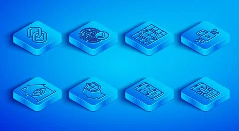 Set line Chain link, Fingerprint, Shield with brick wall, Head shield, Mobi.. Stock Illustration