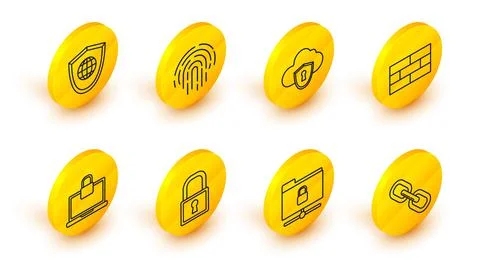Set line Chain link, FTP folder and lock, Lock, Laptop, Bricks, Cloud shield Stock Illustration