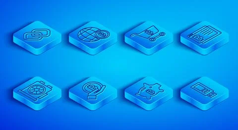 Set line Chain link, Globe Bitcoin, Shopping cart with bitcoin, Hand holding Stock Illustration