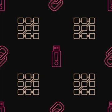 Set line Chain link, Graphic password protection and USB flash drive on seamless Illustrazione stock