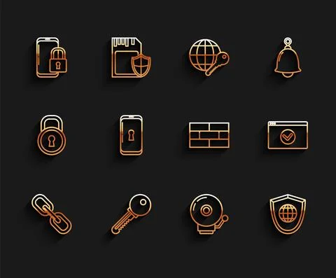 Set line Chain link, Key, Smartphone with closed padlock, Ringing alarm bell Illustration