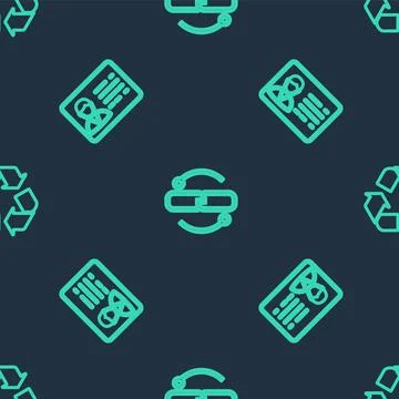 Set line Chain link line, Identification badge and Recycle symbol on seamless Stock Illustration