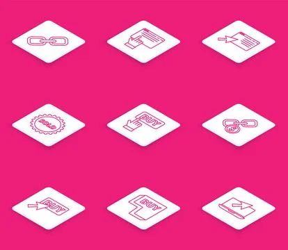 Set line Chain link, Online shopping on screen, Sold label, Buy button, and.. Stock Illustration