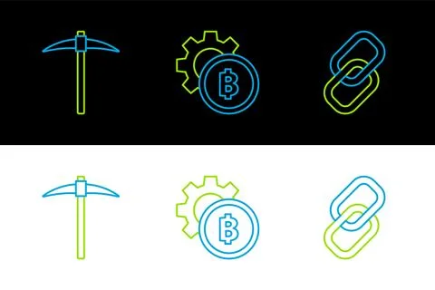 Set line Chain link, Pickaxe and Cryptocurrency coin Bitcoin icon. Vector Stock Illustration