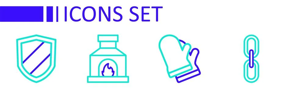 Set line Chain link, Protective gloves, Blacksmith oven and Shield icon. Vect Stock Illustration