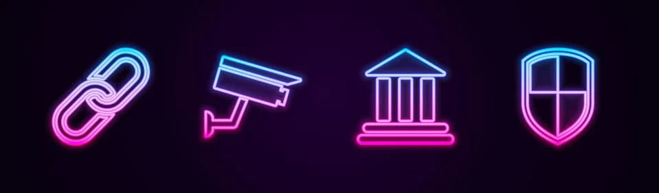 Set line Chain link, Security camera, Bank building and Shield. Glowing neon Ilustración de archivo