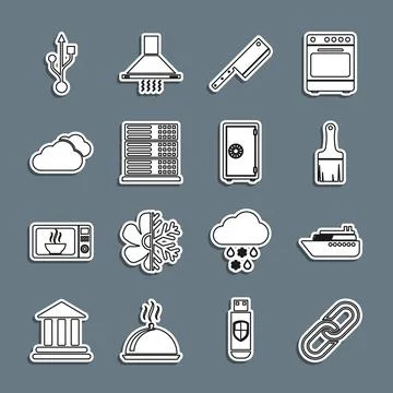 Set line Chain link, Ship, Paint brush, Meat chopper, Server, Data, Web Hosting Stock Illustration