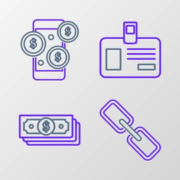 Set line Chain link, Stacks paper money cash, Identification badge and Stock Illustration