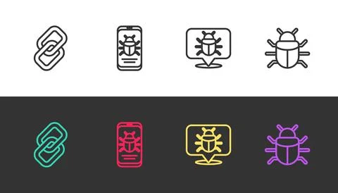 Set line Chain link, System bug on mobile, and on black and white. Vector Stock-Illustration