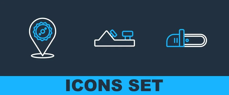 Set line Chainsaw, Circular blade and Wood plane tool icon. Vector Stock-Illustration