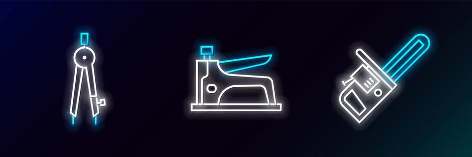 Set line Chainsaw, Drawing compass and Construction stapler icon. Glowing n.. Illustrazione stock