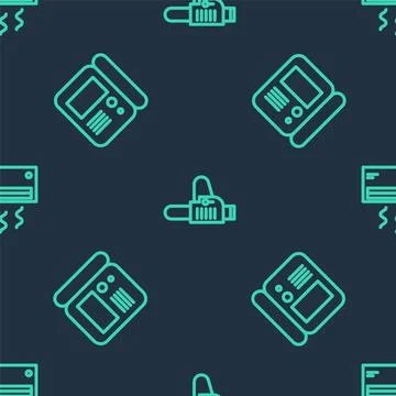 Set line Chainsaw, House intercom system and Air conditioner on seamless pattern Stock Illustration