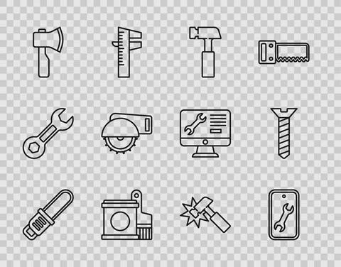 Set line Chainsaw, Mobile service, Hammer, Paint bucket and brush, Wooden axe 库存插图