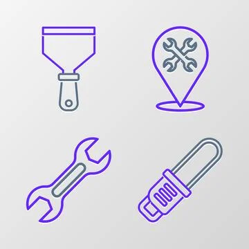 Set line Chainsaw, Wrench spanner, Location with wrench and Putty knife ico.. Stock Illustration
