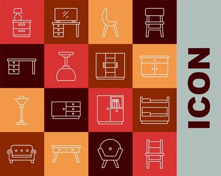 Set line Chair, Bunk bed, Furniture nightstand, Armchair, Lamp hanging, Office Stock Illustration