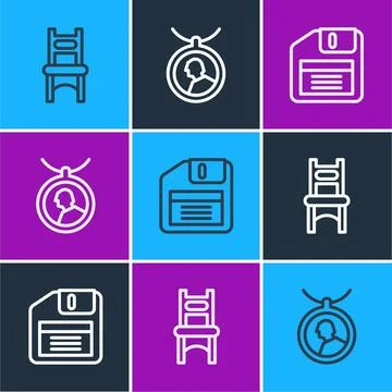 Set line Chair, Floppy disk and Locket on necklace icon. Vector Stock Illustration