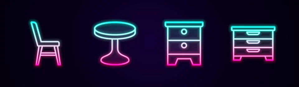Set line Chair, Round table, Furniture nightstand and Chest of drawers. Glowi Stock Illustration