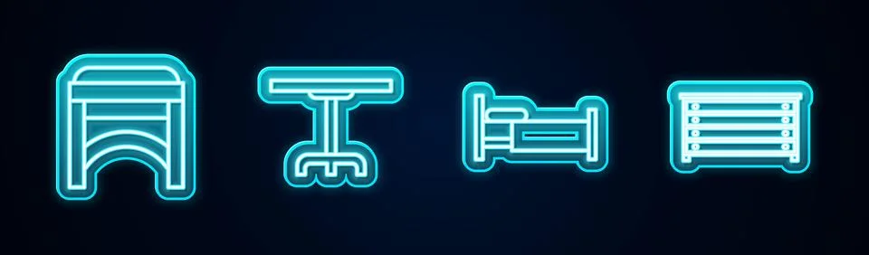 Set line Chair, Round table, Bed and Chest of drawers. Glowing neon icon. Vec Stock Illustration