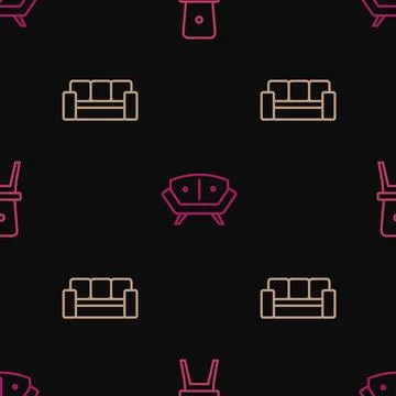 Set line Chair, Sofa and on seamless pattern. Vector Illustrazione stock