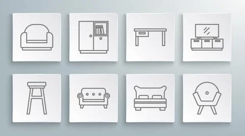 Set line Chair, Wardrobe, Sofa, Big bed, Armchair, Office desk, TV table stand Stock Illustration