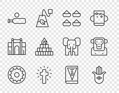 Set line Chakra, Hamsa hand, Indian spice, Christian cross, Wood cricket ba.. Stock Illustration