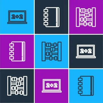 Set line Chalkboard, Abacus and Spiral notebook icon. Vector 스톡 일러스트
