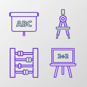 Set line Chalkboard, Abacus, Drawing compass and icon. Vector Stock Illustration