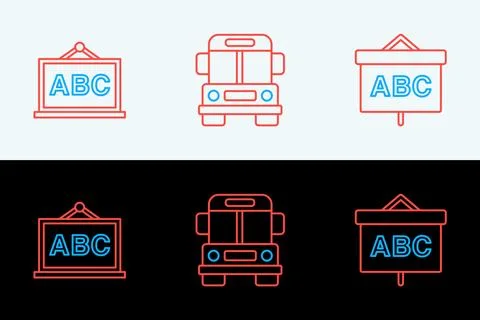 Set line Chalkboard,  and School Bus icon. Vector Stock Illustration