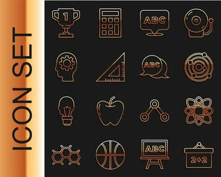 Set line Chalkboard, Atom, Solar system, Alphabet, Triangular ruler, Head wit Illustrazione stock