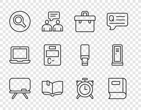 Set line Chalkboard, Book, Briefcase, Open book, Magnifying glass, Exam pap.. Stock Illustration