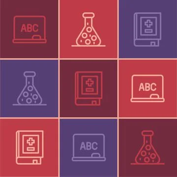 Set line Chalkboard, Book with mathematics and Test tube icon. Vector Stock Illustration
