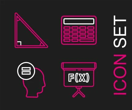 Set line Chalkboard, Calculation, Calculator and Triangle math icon. Vector Stock Illustration
